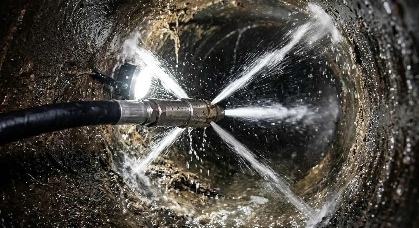 High-pressure hydro jetting nozzle cleaning sewer pipe for Emergency Drain Service in Rosendale
