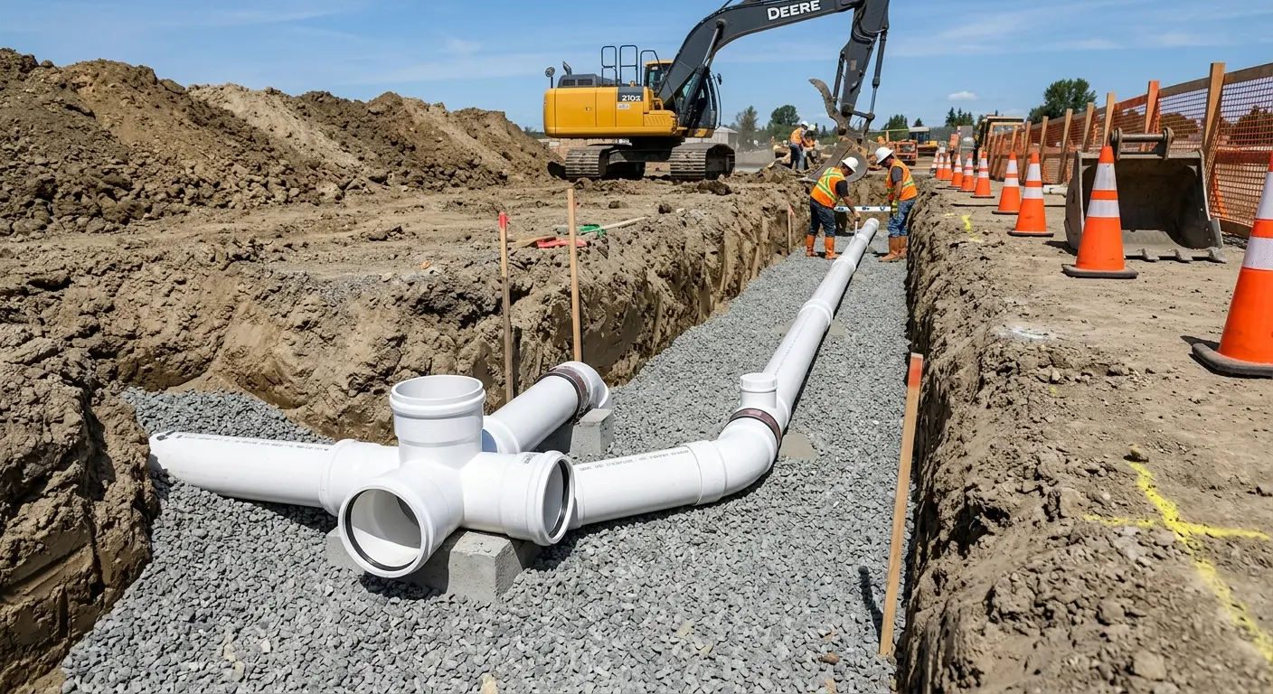 New PVC sewer pipe installation in open trench for Commercial Drain Cleaning in Rosendale
