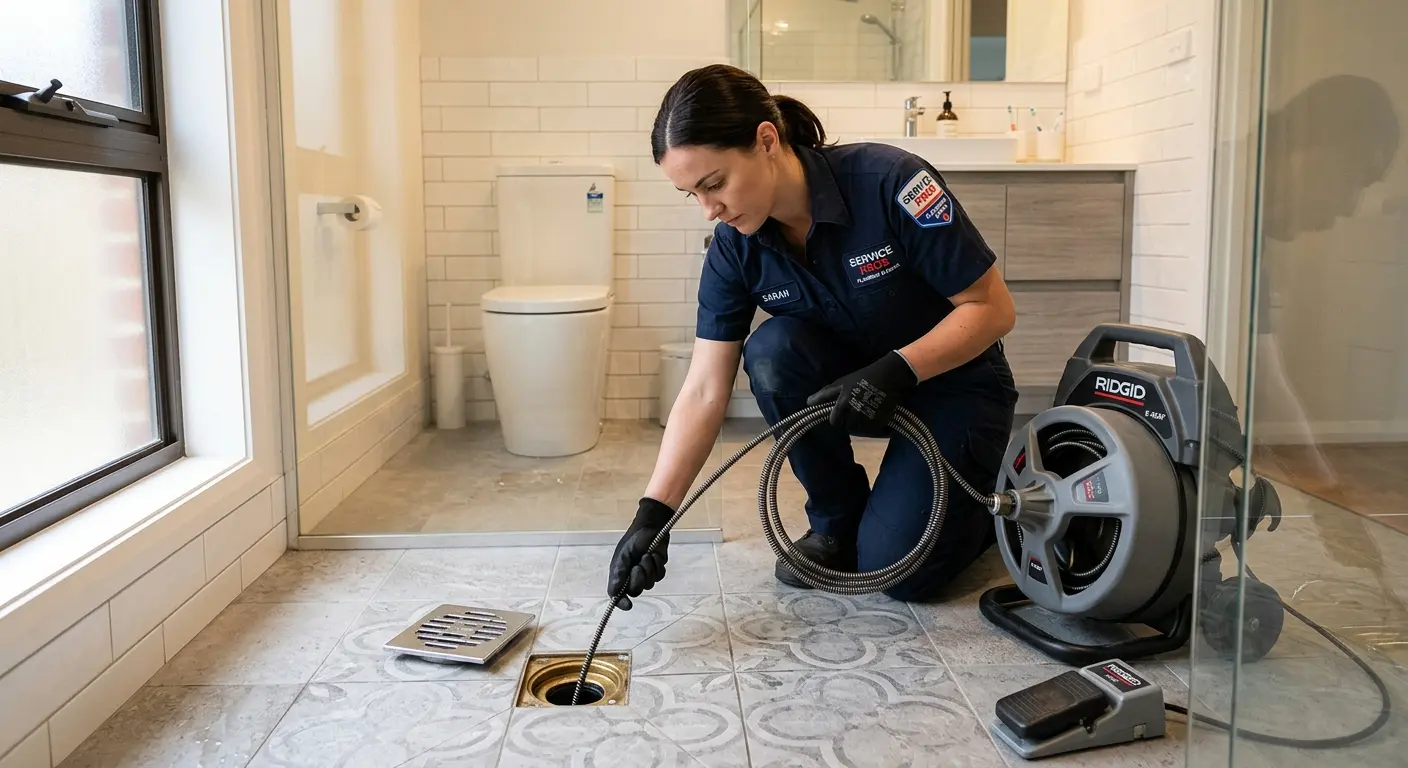 Technician clearing a bathroom floor drain for Clogged Drain Repair in Rosendale